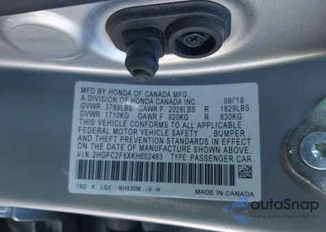 2019 Honda Civic Sport из США, поврежденный, VIN 2HGFC2F8XKH602463